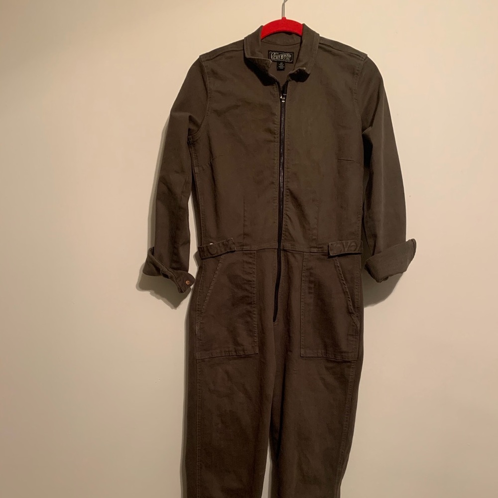 Lucky Brand army green zip front jumpsuit.